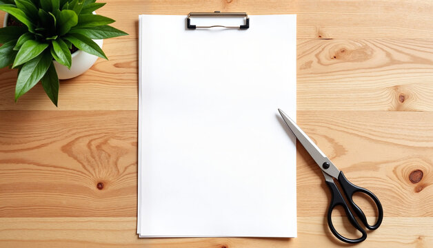 Blank clipboard with scissors and plant on wooden table surface  