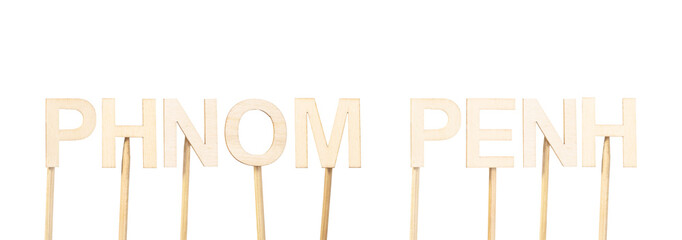 Phnom Penh, capital of Cambodia, written in light wood on white background, minimalist editorial...