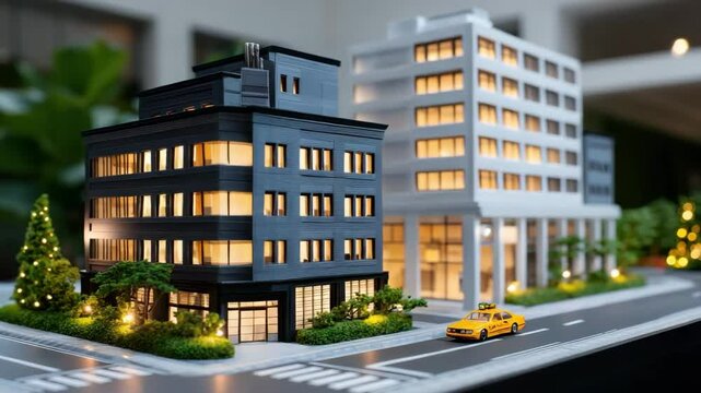 Modern miniature city model with illuminated buildings and yellow taxi on urban street, showcasing detailed building design and greenery at night