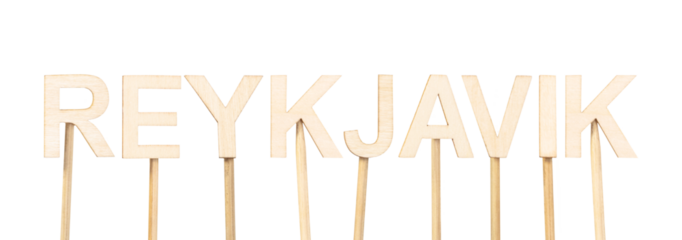 Reykjavik, capital of Iceland, formed with large wooden letters on a neutral white background