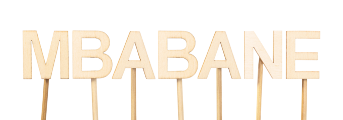Mbabane, capital of Eswatini, in natural wood letters on white background. Concept of capital cities of the world