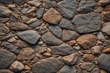 Fototapeta premium Detailed Texture of Varied Sized Brown and Gray Stones in a Wall-like Pattern for Use as a Background or Design Element. 