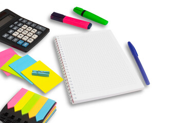 Flat lay with colorful school stationery, checkered book on white background, top view