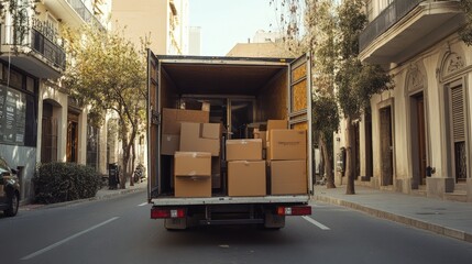 A truck is driving down a street with boxes stacked on top of it