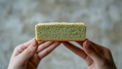 Light green cake slice held by hands