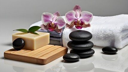 Cut-out style image on white background: neatly folded white spa towels with a natural handmade soap bar, delicate orchid flower, and smooth black massage stones,Generative Ai
