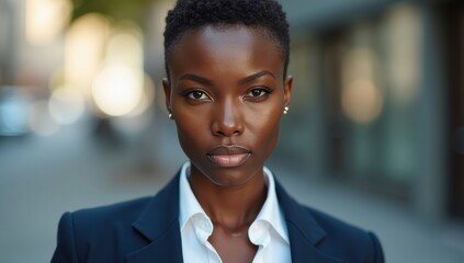 Fototapeta premium Headshot photo with close up portrait of serious businesswoman, african american woman confident and focused looking at camera