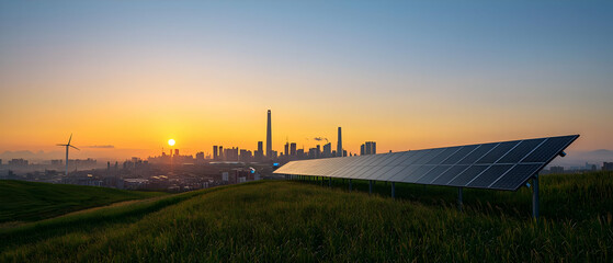 Obraz premium Sunrise Over City Skyline with Solar Panels