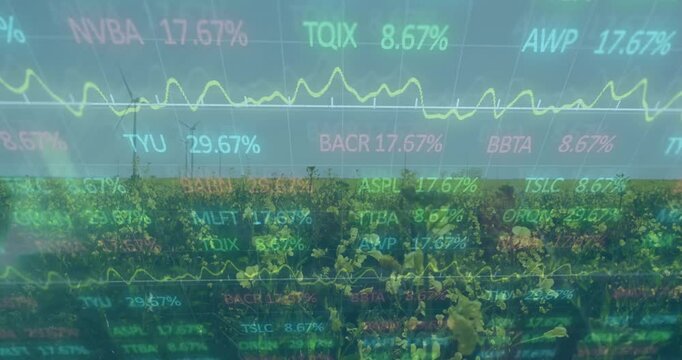 Yellow field and wind turbines being overlaid with stock tickers and line graphs in flat design - Powered by Adobe