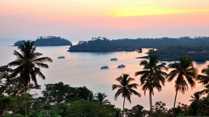 Tropical islands at sunset over calm waters.