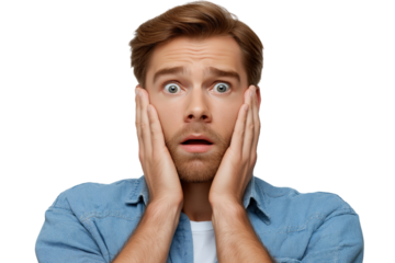 man looking shocked and surprised while holding his face isolated on white background