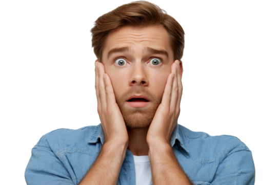 man looking shocked and surprised while holding his face isolated on white background