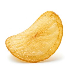 Single golden chip isolated, showcasing surface bubbles and crispy edges.