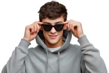 young man adjusting his sunglasses isolated on white background