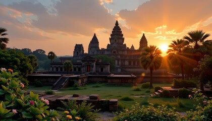 Fototapeta premium a serene sunset at a historic site with multiple temples. the sky is adorned with vibrant hues of orange and purple, casting a warm glow on the structures below