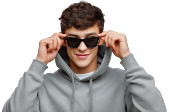 young man adjusting his sunglasses isolated on white background