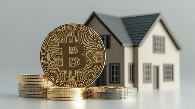 A golden bitcoin stands near a model of a private house - the concept of buying or selling a house for cryptocurrency