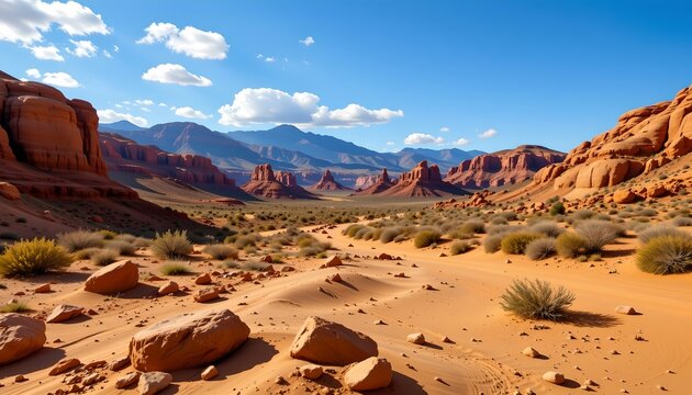 a vast desert landscape under a clear blue sky. dominating the scene are red rock formations that appear to be eroded by time, creating a rugged terrain dotted with boulders