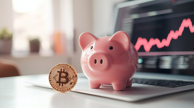 A piggy bank stands next to a laptop and a gold bitcoin against the background of a graph on the screen — a metaphor for traditional and modern ways of saving