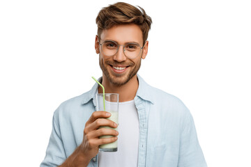 Handsome man smiling and holding refreshing glass of drink with straw isolated on white background