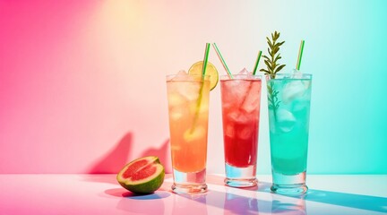 Trio of vibrant summer drinks casting neon shadows

