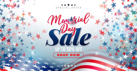Memorial Day Sale Illustration with American Flag on Falling Colorful Star Background. Vector American USA National Celebration Design with Typography Lettering for Coupon, Voucher, Web Banner