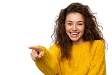 vibrant young woman points finger towards isolated on white background