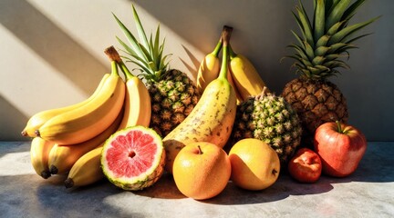 Tropical fruits with bold shadows on concrete surface