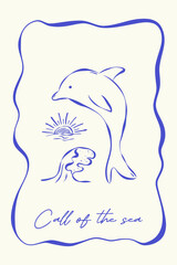 Summer greeting card in vintage sketch style on white backdrop. Blue rough ink lines and handwritten text Call of the sea. Wave, sunset and dolphin in whimsical frame. For background, poster, cover