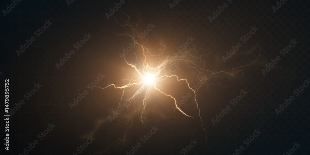 Aufkleber bright yellow lightning with glowing electric rays on dark transparent background. energetic splash 