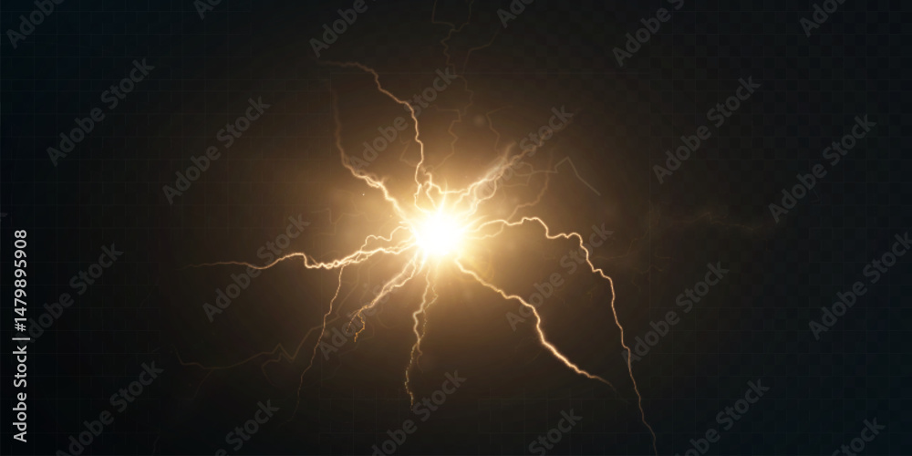 Poster bright yellow lightning flash with glowing electric arcs on dark background. energy discharge effect