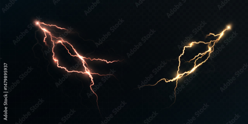 Poster glowing red and yellow lightning with electric arcs on dark background. high voltage lightning disch