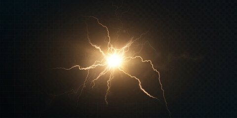 Bright yellow lightning flash with glowing electric arcs on dark background. Energy discharge effect for sci-fi interfaces, storm scenes or force visual effects.