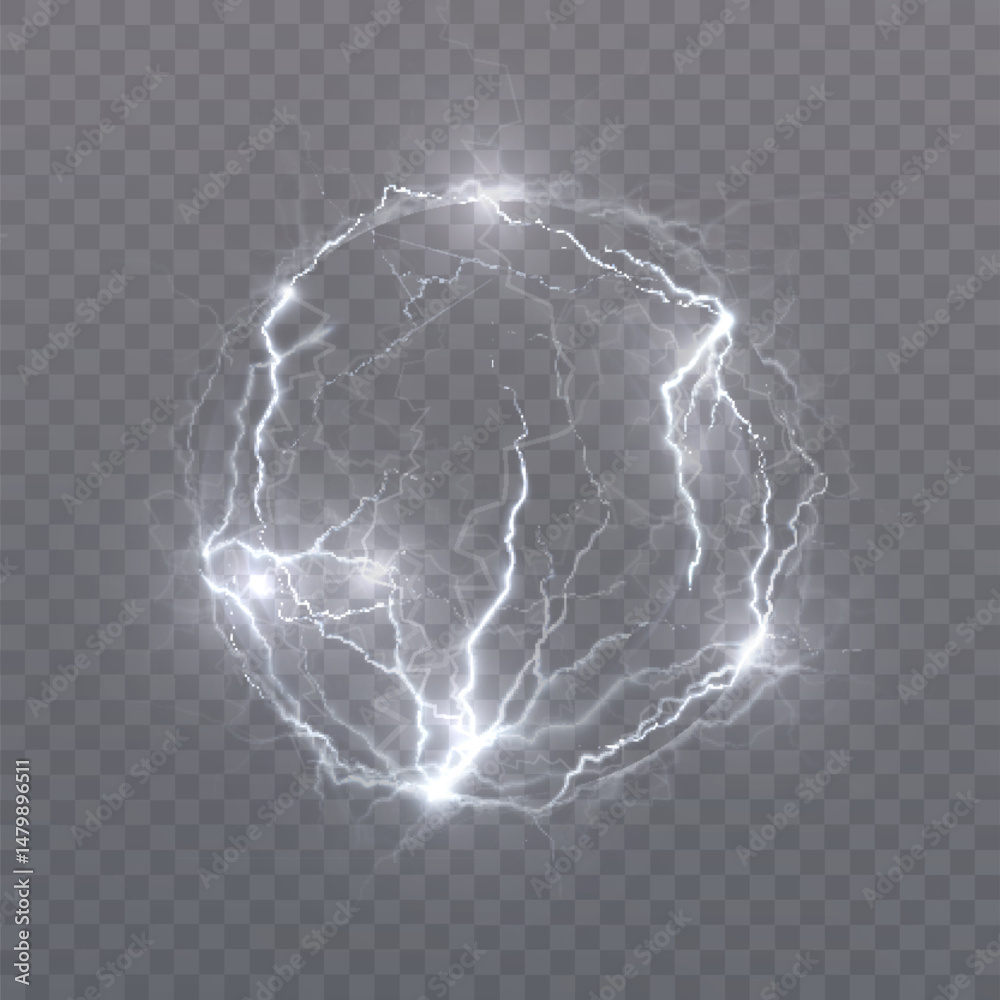 Poster glowing bright electric circle with pulsed lightning discharges on a transparent background. suitabl