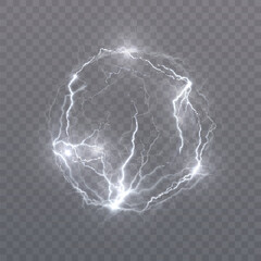 Glowing bright electric circle with pulsed lightning discharges on a transparent background. Suitable for effects in games, interfaces, science and magic scenes.