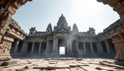 Fototapeta premium an ancient greek style temple with multiple columns and archways. it's an open air structure with intricate carvings, suggesting it may be a significant historical landmark