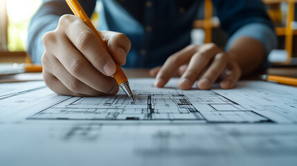 Architect working on blueprints, meticulously designing a floor plan with a focused expression.