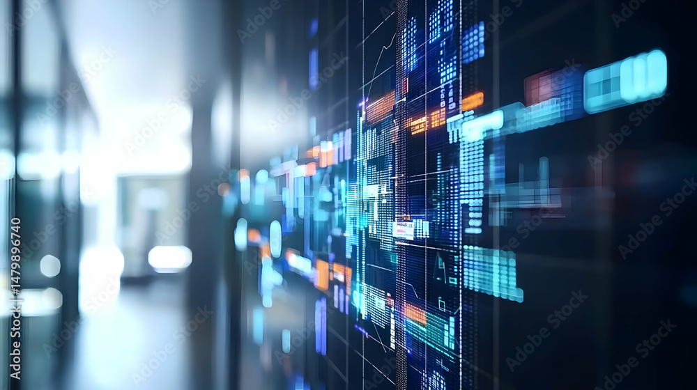 Poster Digital Display Wall With Glowing Data Visualizations