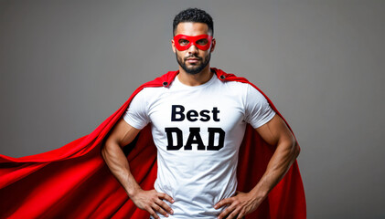 Father’s day portrait of muscular man wearing superhero costume with red cape and best dad t-shirt in studio