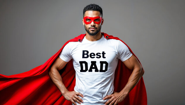 Father’s day portrait of muscular man wearing superhero costume with red cape and best dad t-shirt in studio