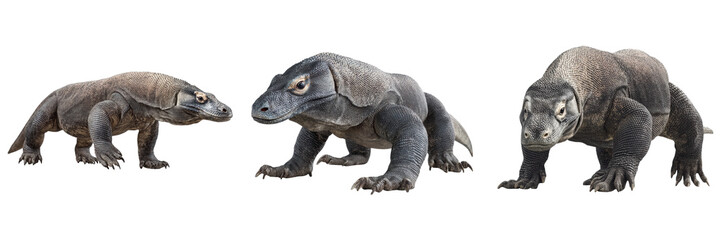 Obraz premium Group of three Komodo dragons walking transparency background, showcasing their large bodies and rough textured skin, with focus their powerful