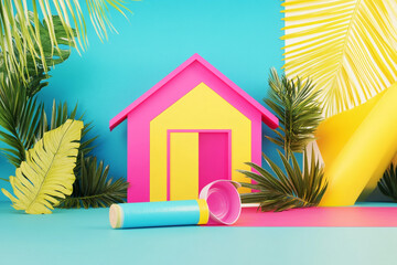 Colorful summer house model with tropical leaves and vibrant background