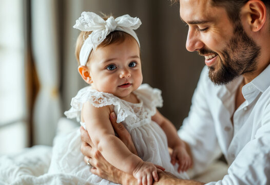 Smiling father gently holding cute baby girl in white lace dress during father’s day celebration at home - Powered by Adobe
