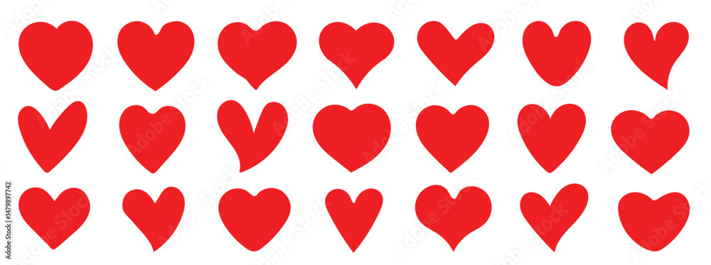 Poster Set of red heart icons in various shapes simple flat style isolated on transparency background symbolizing love romance affection and emotion perfect for design or decoration