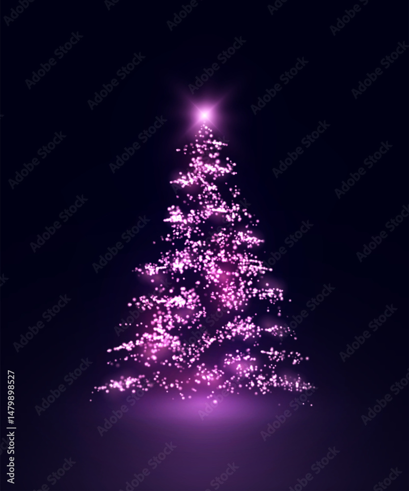 Poster purple christmas tree made of glittering particles with a star on top on a dark background. soft glo