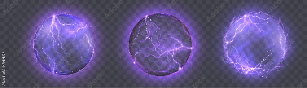 Poster vector purple electric sphere with glowing lightning and plasma energy effect. abstract visualizatio