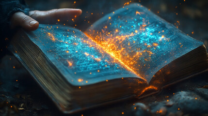An open ancient book with magical energy radiating from the pages, held by a hand in a mysterious setting.
