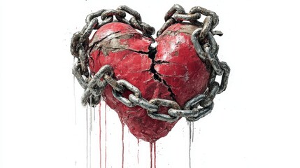 Cracked red heart wrapped in chains dripping paint on white background.