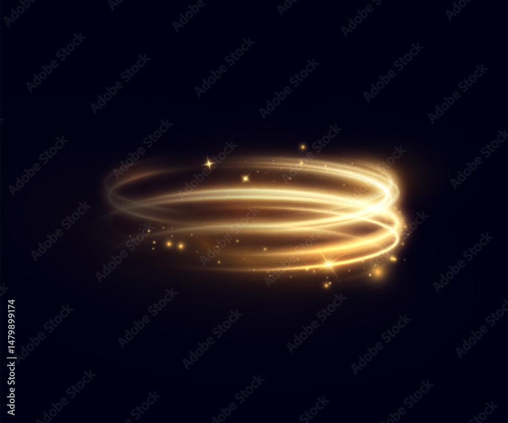 Poster bright swirl light ring of golden light with sparks and rotating glow on a dark background. used for