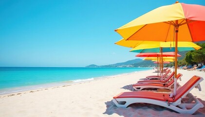 Fototapeta premium Colorful beach umbrellas shading sandy shore on sunny day , paradise, summer fun, seaside